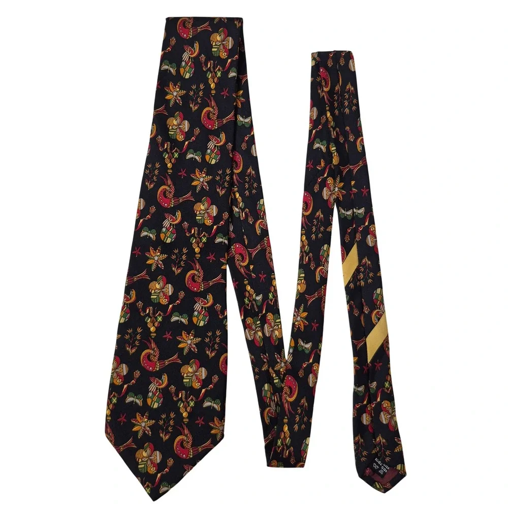 Salvatore Ferragamo Tie Men Black Silk Bird Butterfly Floral Print Italy Necktie